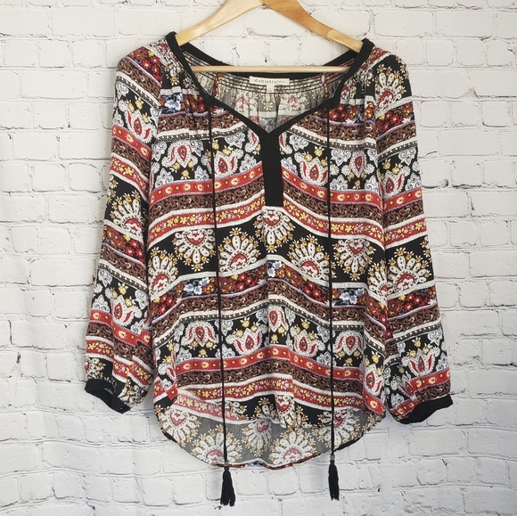 Daniel Rainn Boho Bohemian Flowy Tunic Top Geometric Hippie 70s Long Sleeve - Picture 1 of 10